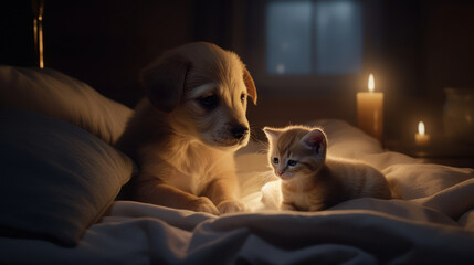 Obraz premium The photo depicts an adorable scene of a puppy and a kitten cuddled together, showcasing the pure innocence and sweetness of their bond. Their tiny bodies rest comfortably against each other, creating