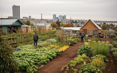 People working in urban community garden with buildings in the background