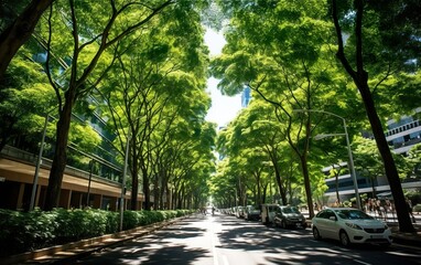 City street lined with trees and greenery, providing shade and reducing peak temperature values, showcasing the cooling effect of rewilding on the urban environment