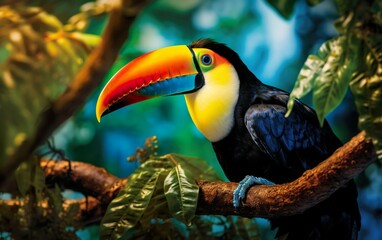 Toucan on a branch in a lush rainforest created with Generative AI technology