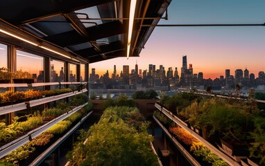 Urban rooftop greenhouse, filled with rows of grown vegetables and herbs, with a panoramic view of the city skyline as the backdrop created with Generative AI technology