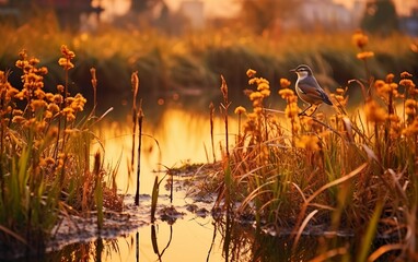 Urban park transformed into a wetland ecosystem due to waterlogging, with native marsh plants and reeds flourishing, attracting a variety of bird species  