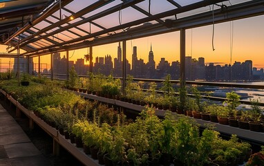 Urban rooftop greenhouse, filled with rows of grown vegetables and herbs, with a panoramic view of the city skyline as the backdrop created with Generative AI technology