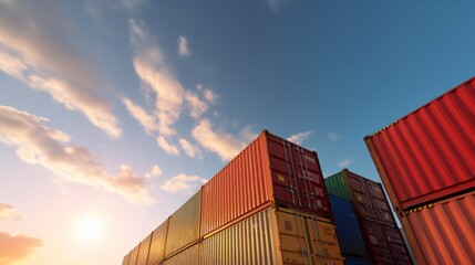 Fototapeta premium Stack of Containers Cargo Ship Import or Export in Harbor Port, Cargo Freight Shipping of Container Logistics Industry. Transport Distribution, Business Commercial Dock