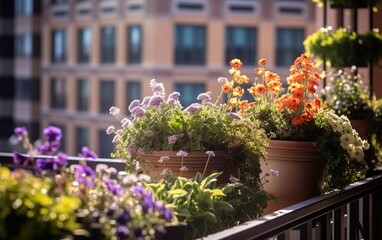 Fototapeta na wymiar Wildflowers in pots on the balcony of a building in the city, rewilding the city created with Generative AI technology