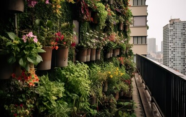Wildflowers in pots on the balcony of a building in the city, rewilding the city created with Generative AI technology