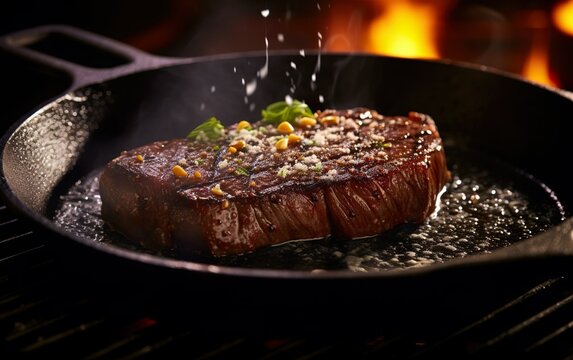 Delicious Steak On A Pan Created With Generative AI Technology