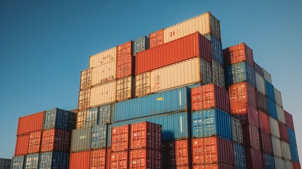 Fototapeta premium Stack of Containers Cargo Ship Import or Export in Harbor Port, Cargo Freight Shipping of Container Logistics Industry. Transport Distribution, Business Commercial Dock