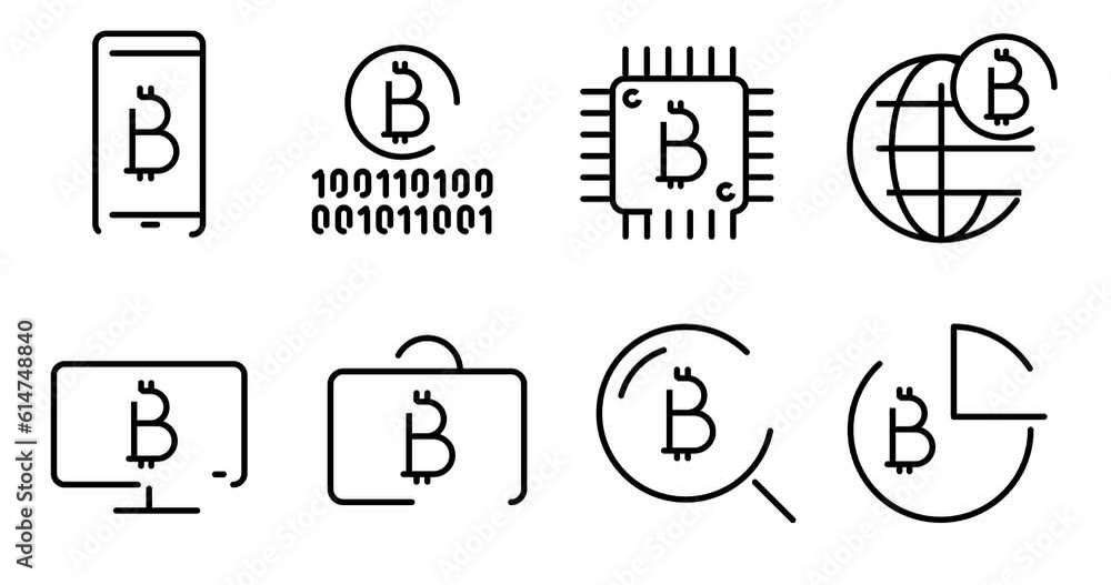 Poster bitcoin animated outline icons on white background. bitcoin 4k video animations for web, mobile and 