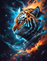 Illustration of a Tiger Head in Space Nebula with Glowing Background. Esoteric Concept Design for Poster, Banner, Invitation, Greeting Card or Cover. Ai Generated.