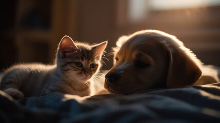 The photo depicts an adorable scene of a puppy and a kitten cuddled together, showcasing the pure innocence and sweetness of their bond. Their tiny bodies rest comfortably against each other, creating