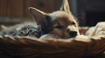 Obraz premium The photo depicts an adorable scene of a puppy and a kitten cuddled together, showcasing the pure innocence and sweetness of their bond. Their tiny bodies rest comfortably against each other, creating