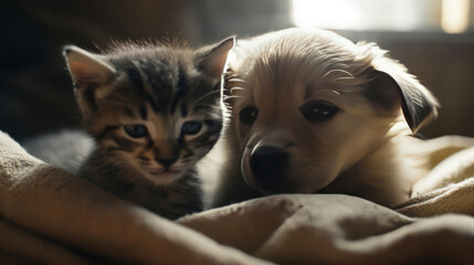 The photo depicts an adorable scene of a puppy and a kitten cuddled together, showcasing the pure innocence and sweetness of their bond. Their tiny bodies rest comfortably against each other, creating