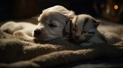 Fototapeta na wymiar The photo depicts an adorable scene of a puppy and a kitten cuddled together, showcasing the pure innocence and sweetness of their bond. Their tiny bodies rest comfortably against each other, creating