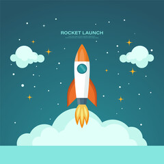 Vector Retro Red and White Space Rocket Ship Launch on Space Sky Background. Space Rocket Design Template for Business, Start Up Project, Development Process, Creative Idea etc