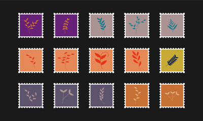 Fototapeta premium Set of postal stamps and postmarks isolated on black background, vector illustration.