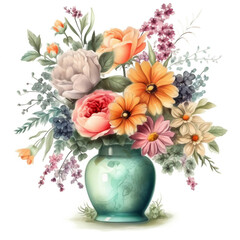 Obraz premium Watercolor floral illustration bouquet, Vase with flowers. Wedding invitations, greetings, wallpapers, fashion, prints. Generative AI