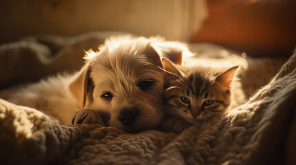 The photo depicts an adorable scene of a puppy and a kitten cuddled together, showcasing the pure innocence and sweetness of their bond. Their tiny bodies rest comfortably against each other, creating