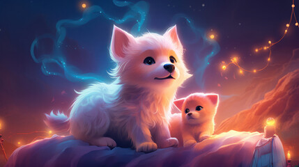 The photo depicts an adorable scene of a puppy and a kitten cuddled together, showcasing the pure innocence and sweetness of their bond. Their tiny bodies rest comfortably against each other, creating