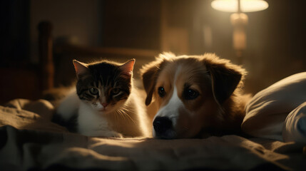 The photo depicts an adorable scene of a puppy and a kitten cuddled together, showcasing the pure innocence and sweetness of their bond. Their tiny bodies rest comfortably against each other, creating