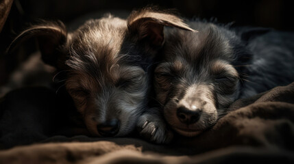 The photo depicts an adorable scene of a puppy and a kitten cuddled together, showcasing the pure innocence and sweetness of their bond. Their tiny bodies rest comfortably against each other, creating