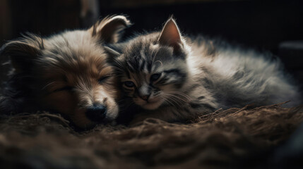 The photo depicts an adorable scene of a puppy and a kitten cuddled together, showcasing the pure innocence and sweetness of their bond. Their tiny bodies rest comfortably against each other, creating