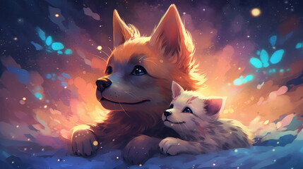 The photo depicts an adorable scene of a puppy and a kitten cuddled together, showcasing the pure innocence and sweetness of their bond. Their tiny bodies rest comfortably against each other, creating