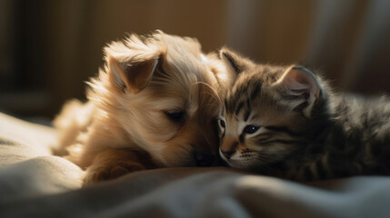 The photo depicts an adorable scene of a puppy and a kitten cuddled together, showcasing the pure innocence and sweetness of their bond. Their tiny bodies rest comfortably against each other, creating