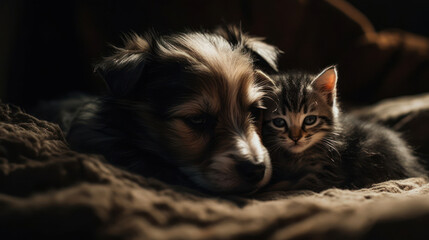 The photo depicts an adorable scene of a puppy and a kitten cuddled together, showcasing the pure innocence and sweetness of their bond. Their tiny bodies rest comfortably against each other, creating