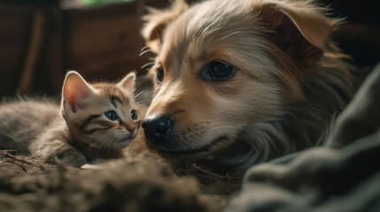 The photo depicts an adorable scene of a puppy and a kitten cuddled together, showcasing the pure innocence and sweetness of their bond. Their tiny bodies rest comfortably against each other, creating