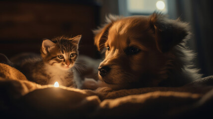 The photo depicts an adorable scene of a puppy and a kitten cuddled together, showcasing the pure innocence and sweetness of their bond. Their tiny bodies rest comfortably against each other, creating