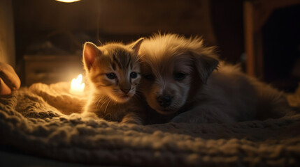 The photo depicts an adorable scene of a puppy and a kitten cuddled together, showcasing the pure innocence and sweetness of their bond. Their tiny bodies rest comfortably against each other, creating