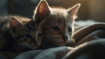 The photo depicts an adorable scene of a puppy and a kitten cuddled together, showcasing the pure innocence and sweetness of their bond. Their tiny bodies rest comfortably against each other, creating