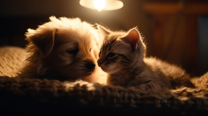 The photo depicts an adorable scene of a puppy and a kitten cuddled together, showcasing the pure innocence and sweetness of their bond. Their tiny bodies rest comfortably against each other, creating