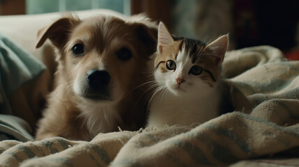 The photo depicts an adorable scene of a puppy and a kitten cuddled together, showcasing the pure innocence and sweetness of their bond. Their tiny bodies rest comfortably against each other, creating