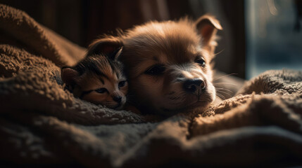 The photo depicts an adorable scene of a puppy and a kitten cuddled together, showcasing the pure innocence and sweetness of their bond. Their tiny bodies rest comfortably against each other, creating