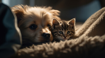 The photo depicts an adorable scene of a puppy and a kitten cuddled together, showcasing the pure innocence and sweetness of their bond. Their tiny bodies rest comfortably against each other, creating