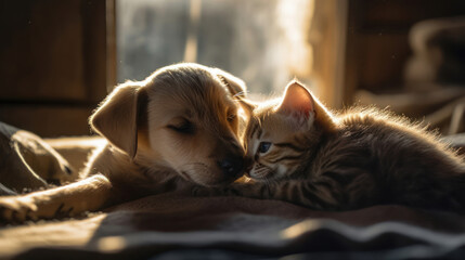The photo depicts an adorable scene of a puppy and a kitten cuddled together, showcasing the pure innocence and sweetness of their bond. Their tiny bodies rest comfortably against each other, creating