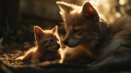 The photo depicts an adorable scene of a puppy and a kitten cuddled together, showcasing the pure innocence and sweetness of their bond. Their tiny bodies rest comfortably against each other, creating