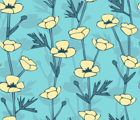 Buttercups seamless pattern, hand-drawn meadow flowers