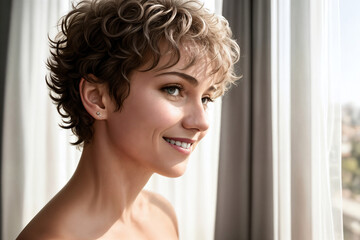 Portrait of a beautiful woman near window in a bedroom, face close-up. Generative AI.