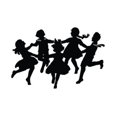 Vector silhouette of children who play on white background. Symbol of childhood.