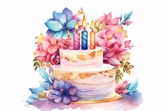 Holiday Birthday cake  painted watercolor illustration, Birthday party, Post processed AI generated image