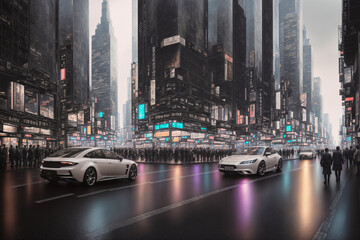Naklejka premium Modern city streets at night, skyscrapers and street lights, traffic and people. Generative AI.