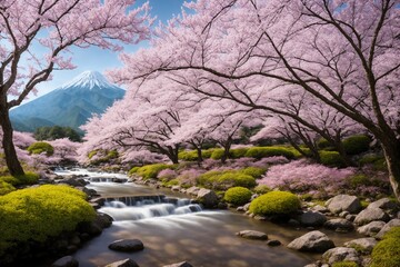 Naklejka na ściany i meble Sakura blossoms in japanese style ornamental garden, beautiful landscape. Generative AI.
