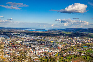 Bird's-eye view of the city of Singen against the backdrop of the Lake Constance