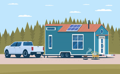 Pickup truck and tiny house on a wheeled chassis in the parking lot. Vector illustration.