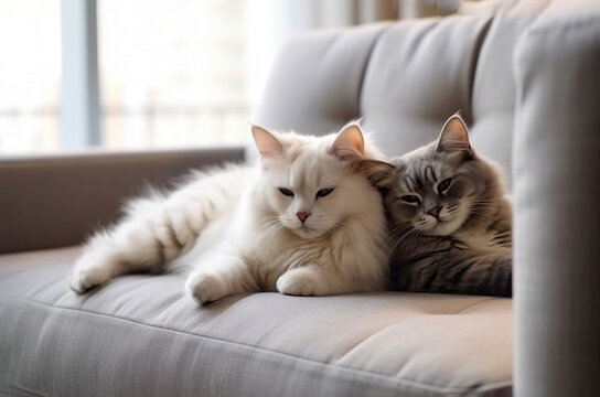 Premium Vector  Two cats sit together in an embrace gray and red cat