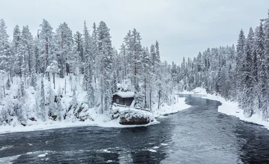 Abwaschbare Fototapete Waldfluss Winter in Finland  landscape in Oulanka National Park with the Kitkajoki river and snow covered boreal forest