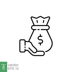 Money in hand icon. Simple outline style. Save dollar, cost, salary, price, donate, cash, business concept. Thin line symbol. Vector illustration isolated on white background. EPS 10.